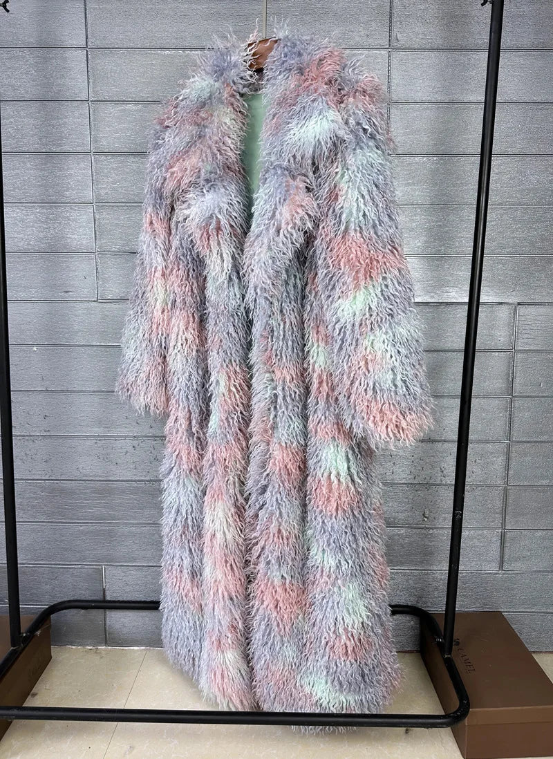 LANMREM Trendy Women's Faux Fur Coat Printed Colorful Furry Coats Autumn Winter Chic Suit Collar Thick Long Overcoat 2DB5840