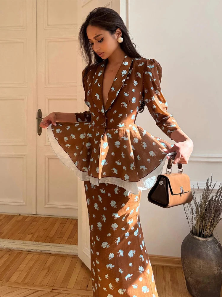 Polka Dot Skirt 2 Piece Set Women Casual High Collar Tie Full Sleeves Elastic High Waist Long Skirt Suit Lady Daily Outfit New