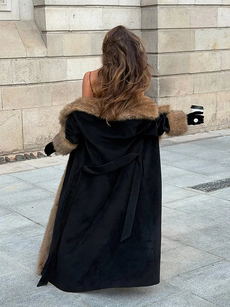 2026 Woman Vintage Faux Fur Woolen Long Luxury Overcoat Chic Full Sleeve V-neck Lace Up Loose Coat New Lady Commute Warm Outwear
