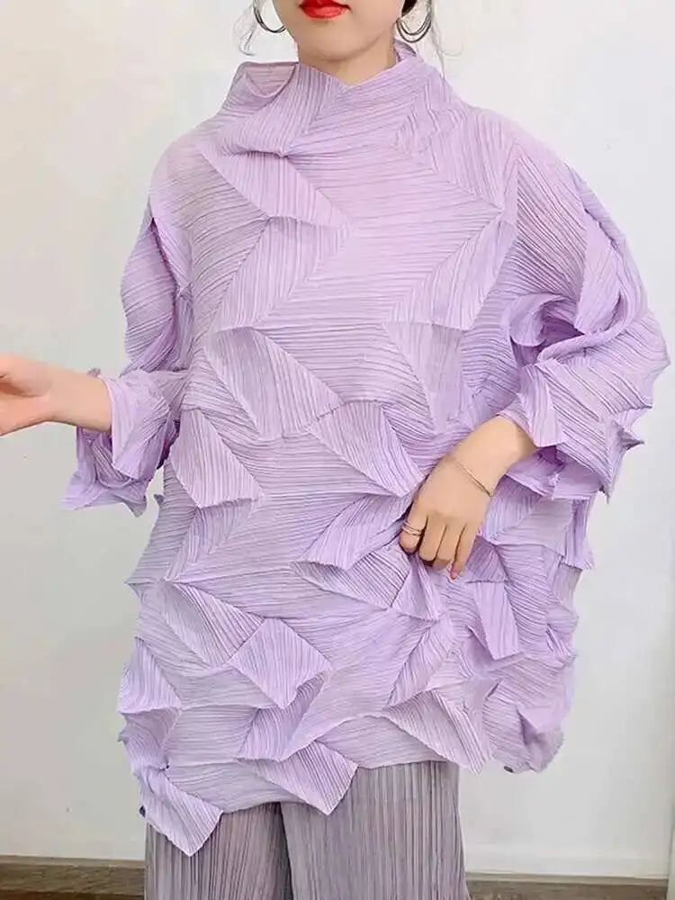 Women's Pleated Stand Collar Top | Loose Solid Colour Chic T-Shirt | Spring Summer 2026 | AvantBah