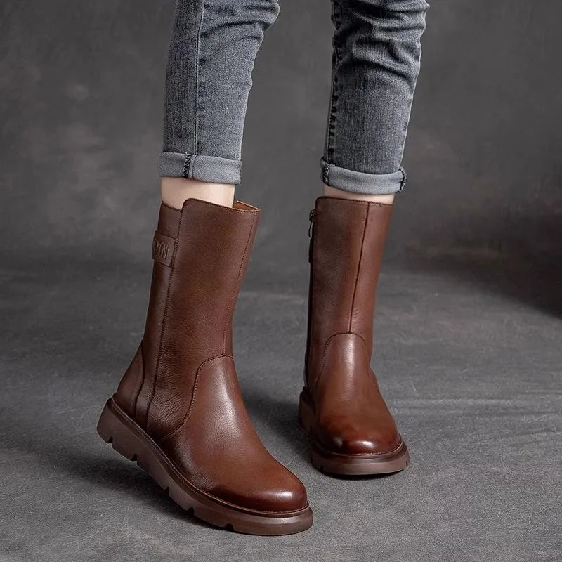 Genuine Leather Mid-Calf Motorcycle Boots Women's Autumn Winter New Style Retro Soft Bottom  Boots Trendy Short Boots