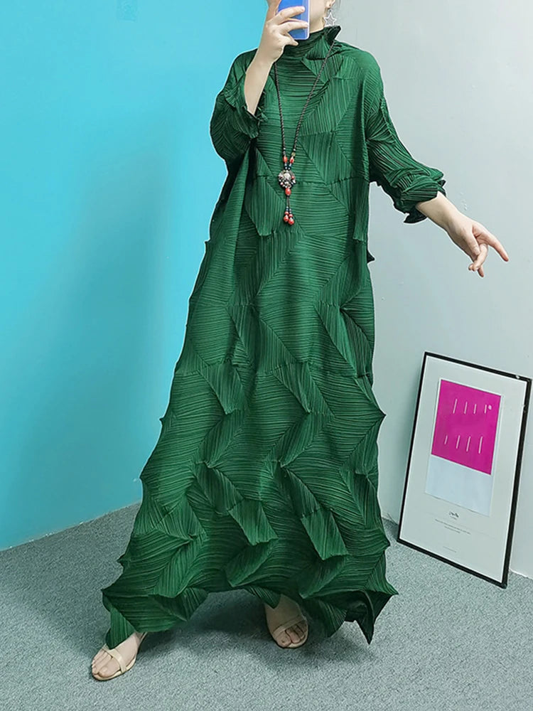 Women's Pleated Maxi Dress | Turtleneck Solid Colour Loose A-Line | Spring Summer 2025 | AvantBah