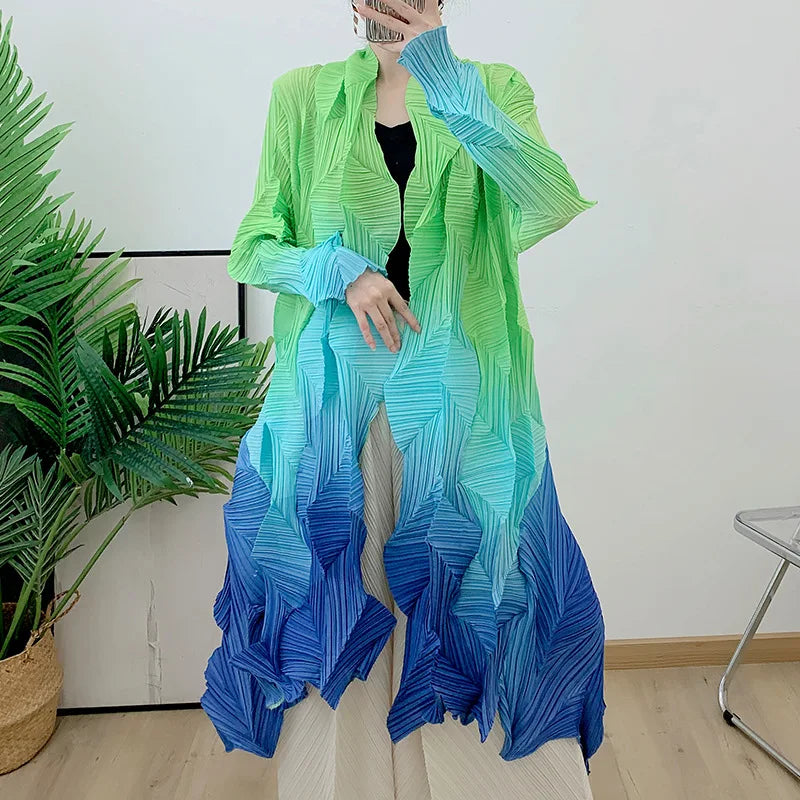 Women's Miyake Pleated Gradient Cardigan Cape Jacket | Loose Mid-Length Autumn Coat 2025 | AvantBah