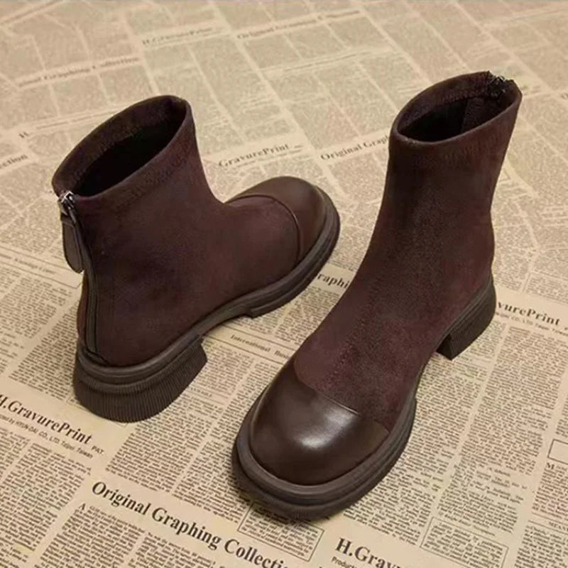 Women Patchwork Suede Ankle Boots Back Zipper Chunky Platform Heel Short Boots Fashion Autumn Winter Botas Mujer