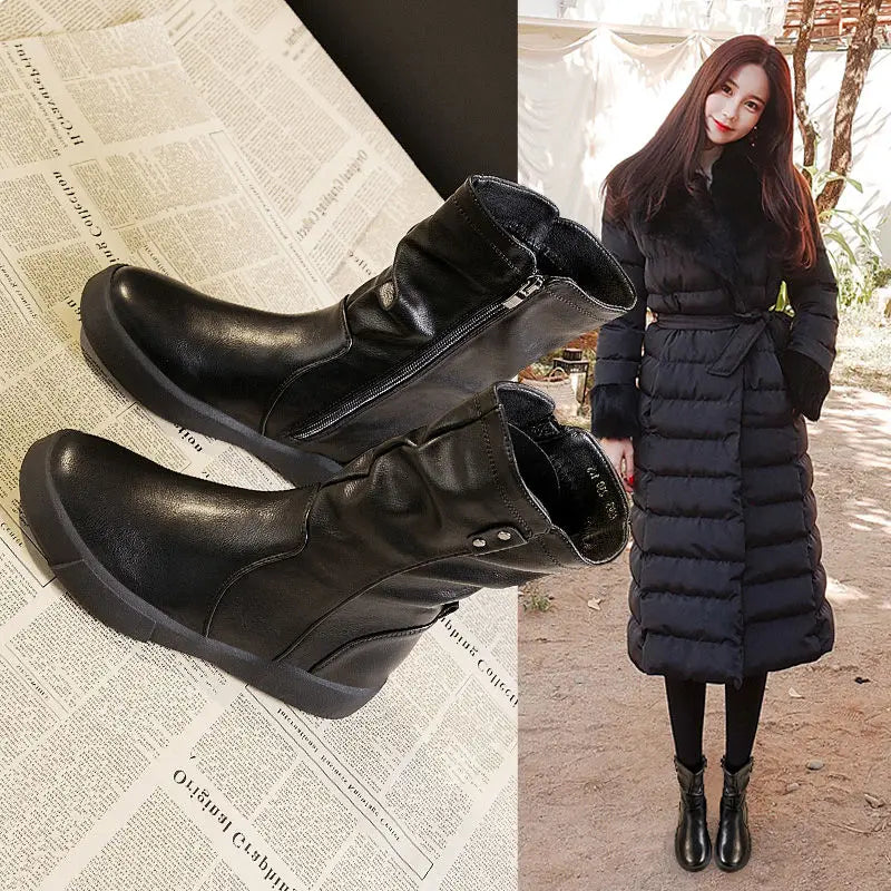 Footwear Half High Mid Calf Ladies Boots Flat Black Shoes For Women Round Toe Chic Point Hot Promotion Fashion 2025 Demi-season