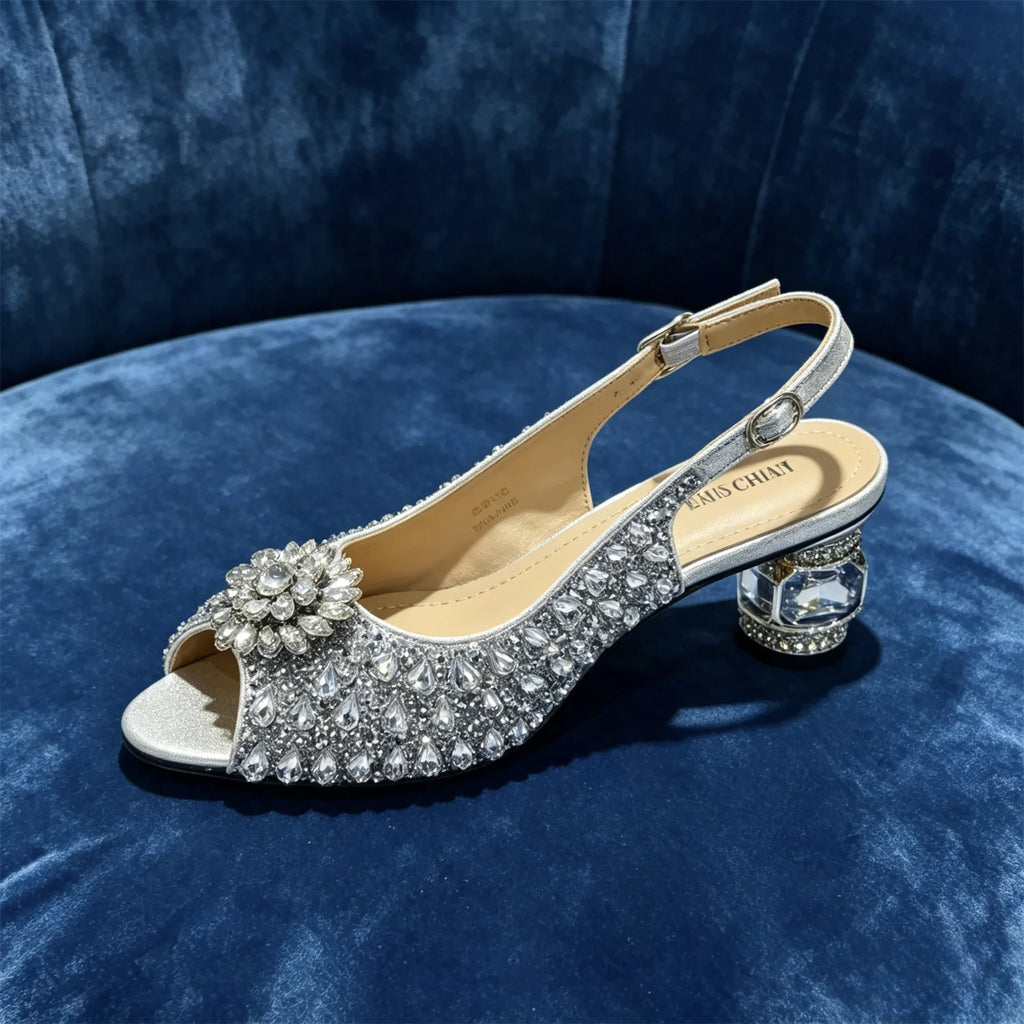 Sky Gold Elegant Nigerian Rhinestone Wedding Shoe and Bag Set Italian Inspired High Heels and Matching Handbag