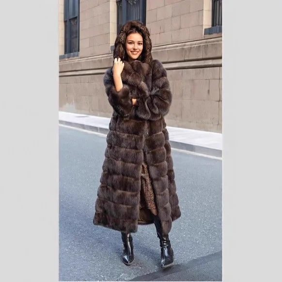 Manteau Chic Vintage Marron pour Femme, en Fausse Fourrure, à Capuche, Chaud, Épais, avec Bordure en Fourrure, Respectueux de l'Environnement