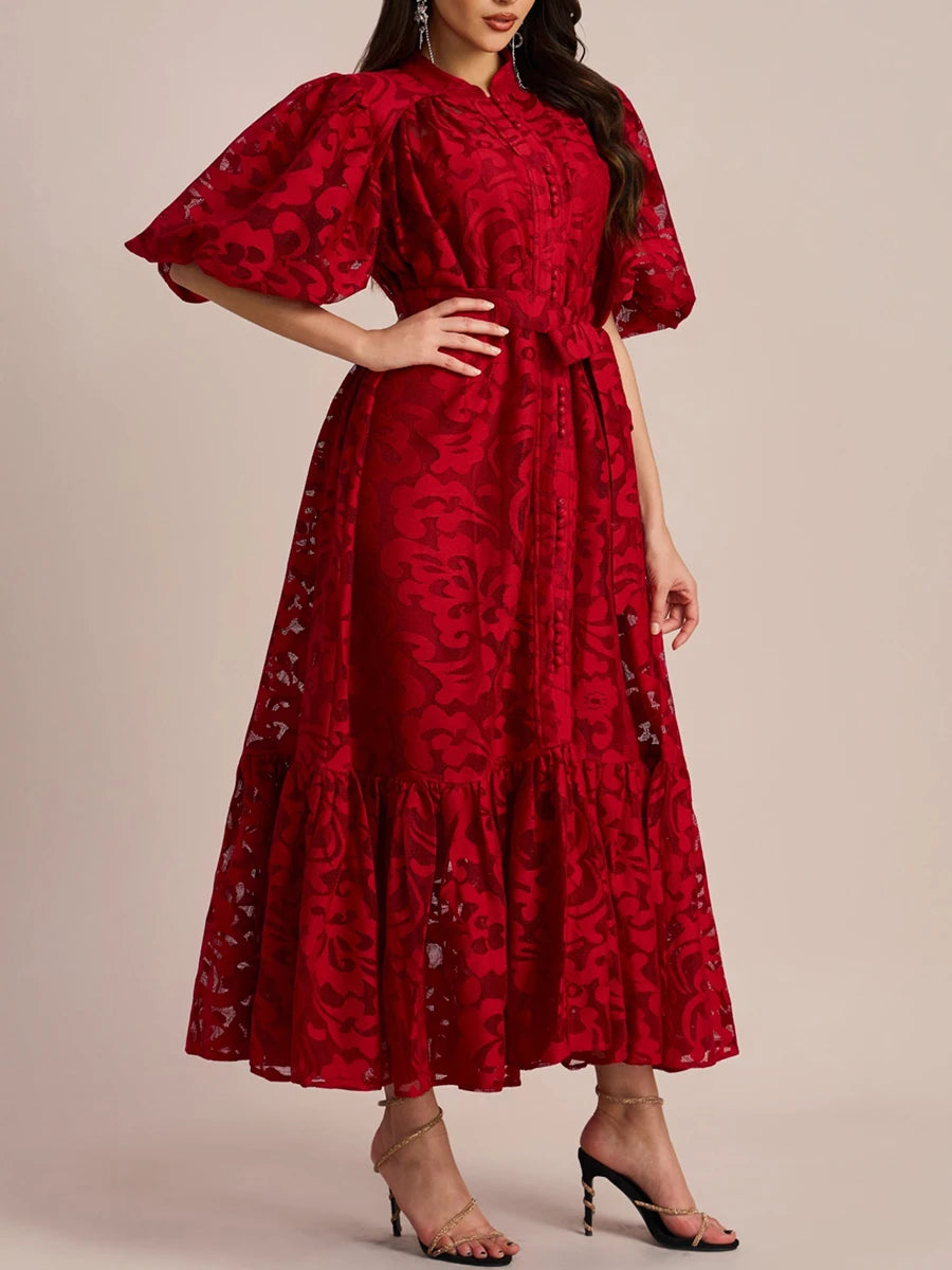 VGH Fashion Patchwork Bow Mesh Dresses for Women Round Neck Long Sleeve Spliced Embroidery Temperament Dress Female Clothing New