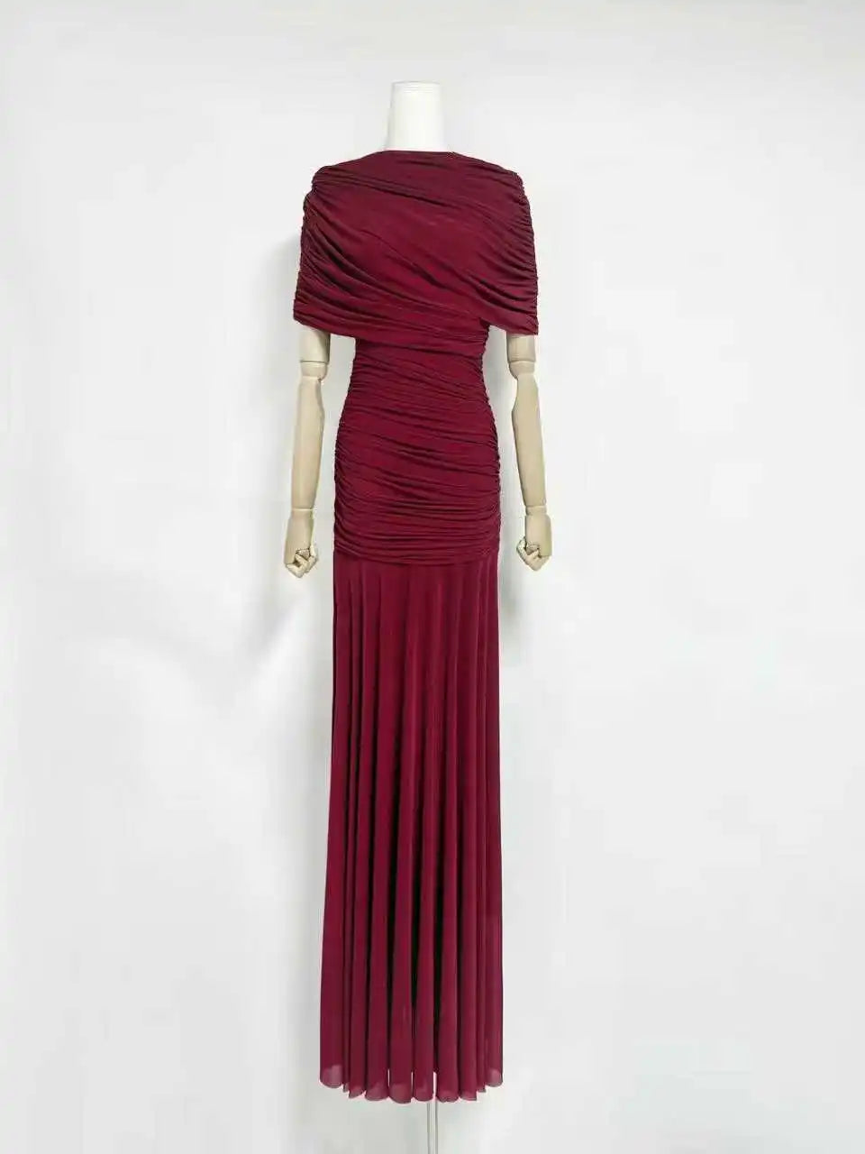 VGH Luxury Galas Event Black Sheer Mesh Ruched Maxi Dress for Women O Neck Short Sleeves Bodycon Silhouette Skirt for Red Carpet