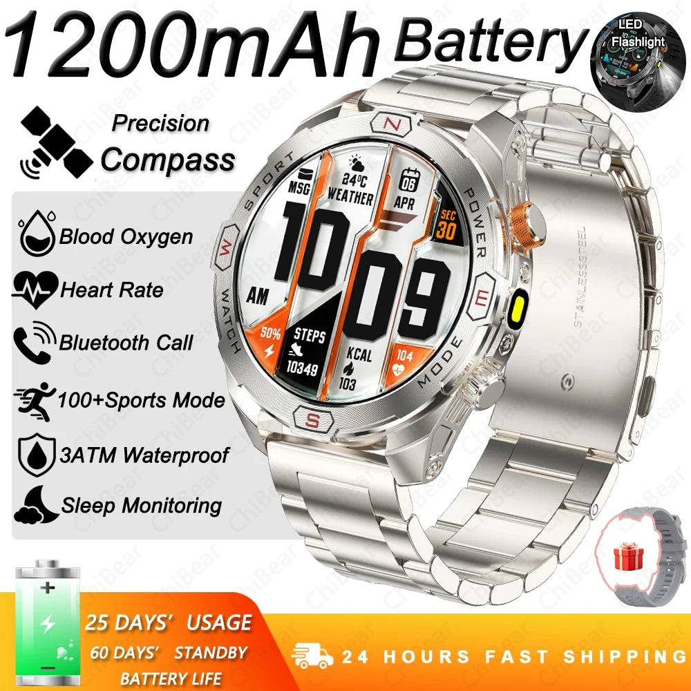 Military Grade 1200 mAh Battery Smart Watch Men LED Flashlight Outdoor Sports Fitness Tracker Compass Bluetooth Call Smartwatch