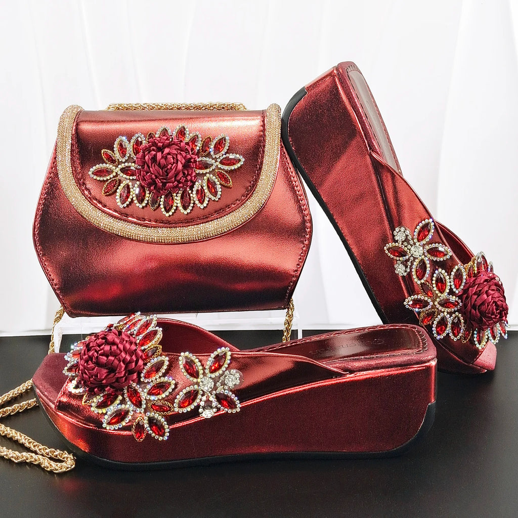 Newest Italian Design Special Synthetic Fabrics Women's Wedge heel Matching Shoe and Bag Set High Heel for Weddings and Parties