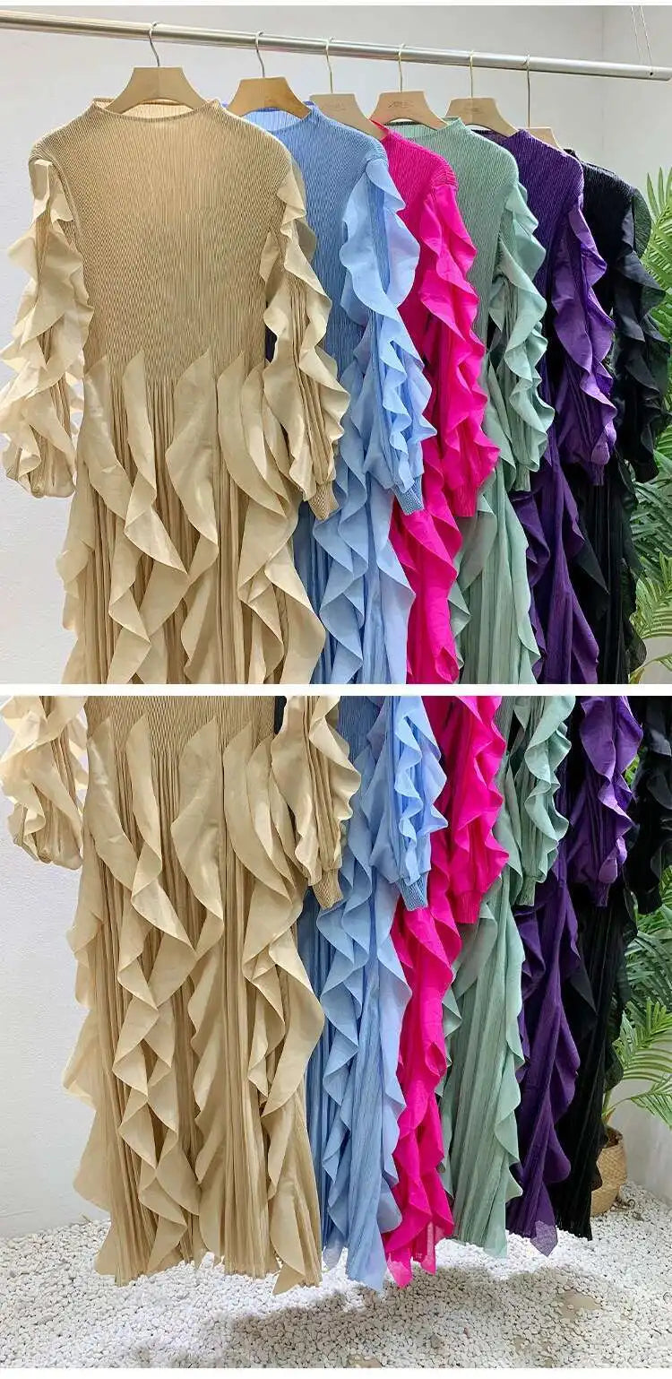 LANMREM Elegant Pleated Dress For Women Stand Collar Puff Sleeves High Stretch Personalized Dresses 2025 Spring New 2Z2817