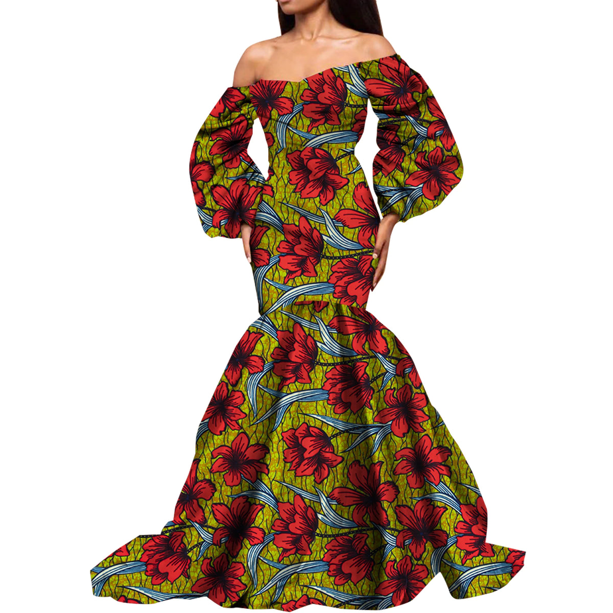 Dashiki African Dresses for Women Daily Party Wedding African Women Dresses Floor-Length Long Puff Sleeve Bandeau Dress Kg1092