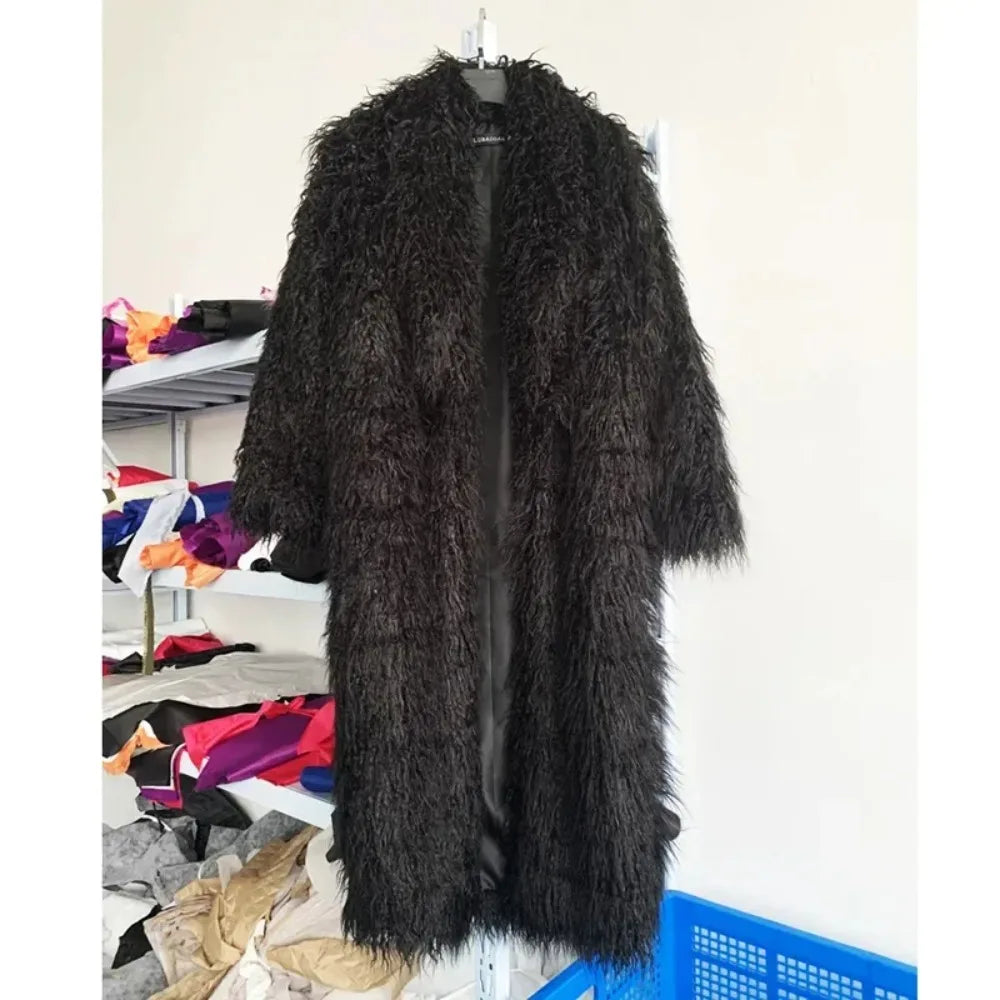 Faux Fur Jacket Women Long Coat Thick Fluffy Winter Warm Shaggy Overcoat Open