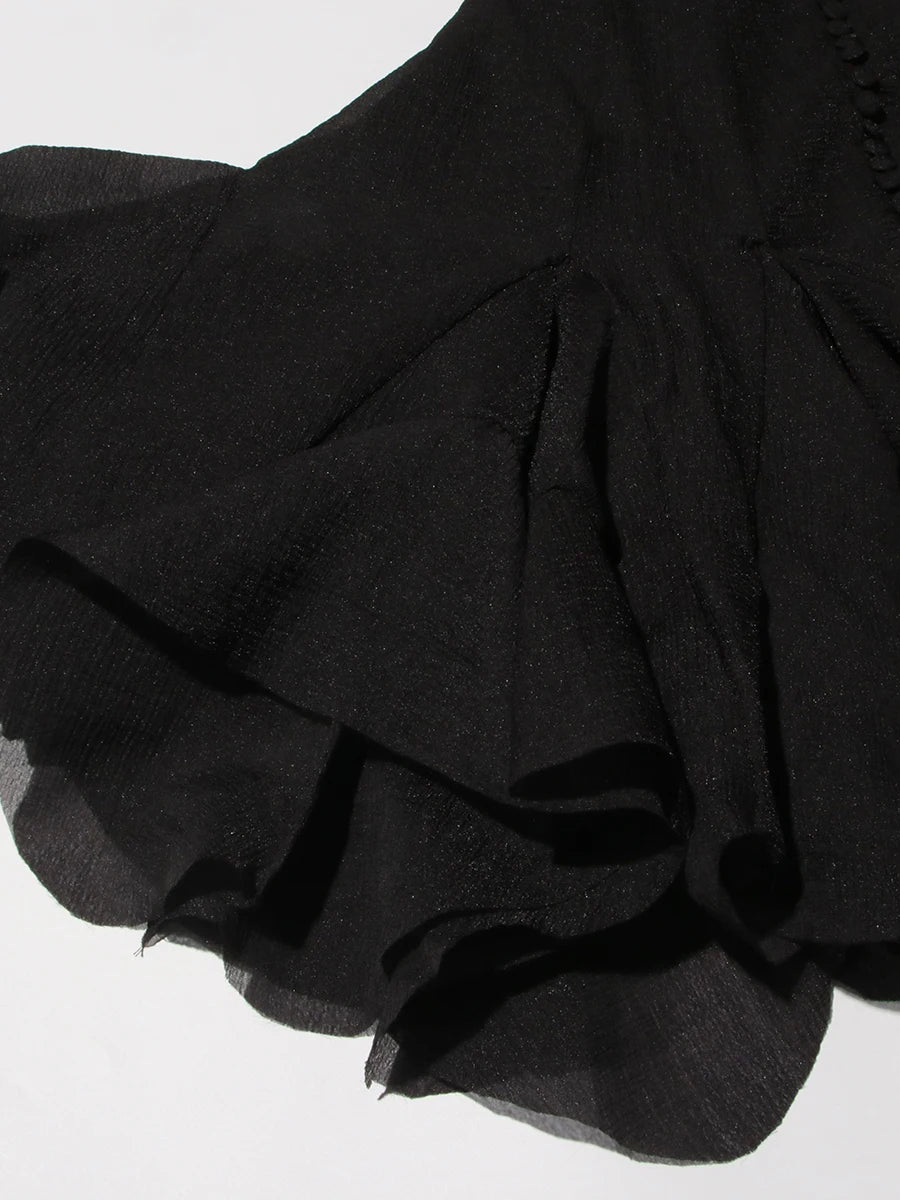 VGH Patchwork Irregular Hem Midi Dress for Women Round Neck Ruffles Sleeve High Waist Temperament Elegant Prom Dresses Female