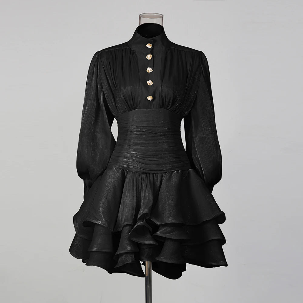 Women's High-Neck Puff-Sleeve Tiered Mini Dress