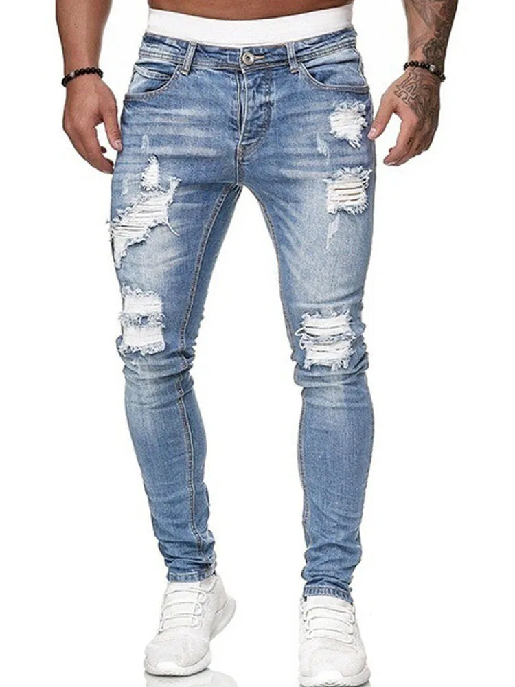 2025 New Fashion Street Style Ripped Skinny Jeans Men Vintage wash Solid Denim
