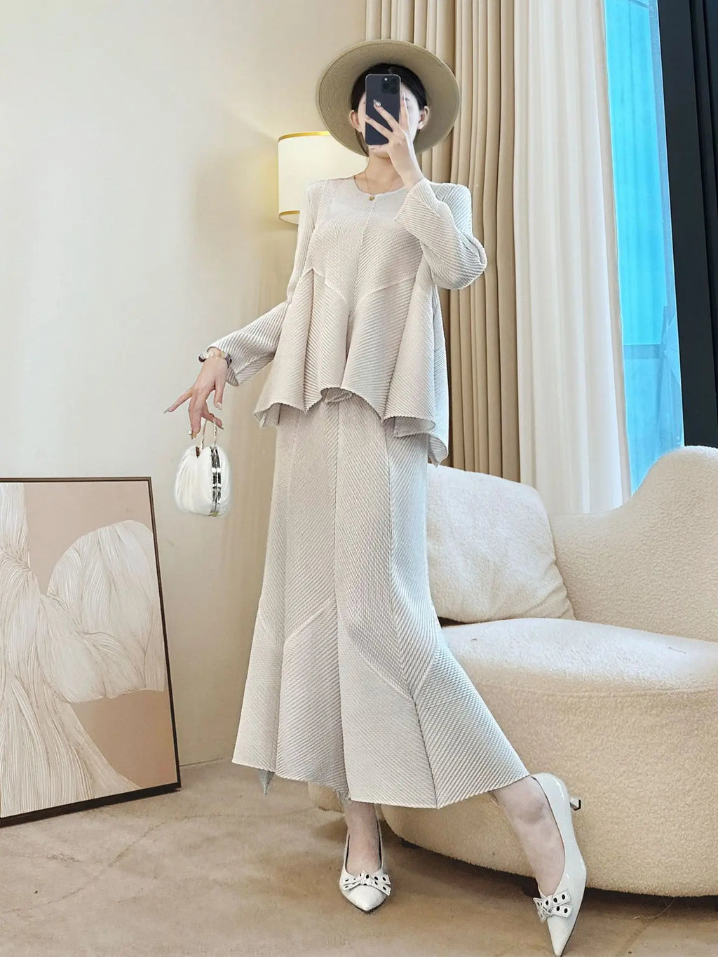 LANMREM Niche New Pleated Women's Two Pieces Set Round Collar Long Sleeve Irregular Patchwork T-shirt And Fishtail Skirt 2DB5114