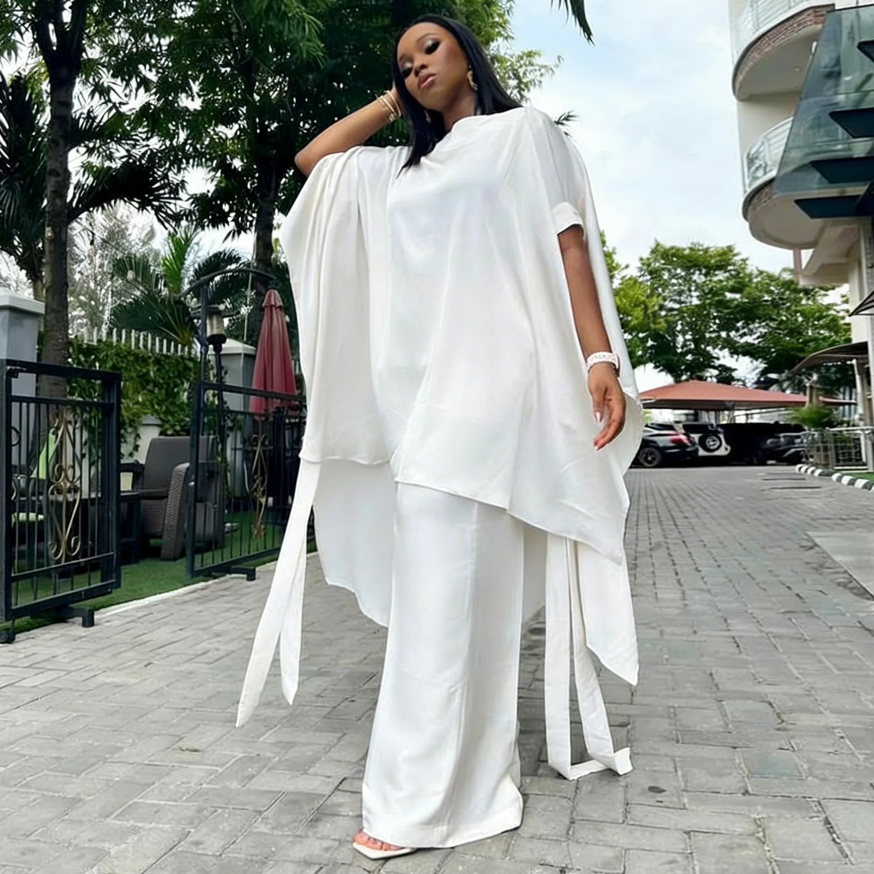 Plus Size Summer N8172 Silk Satin Set Design Shoulder Shawl Top Wide Leg Pants Outfit Elegant Street Style for Women Universa...