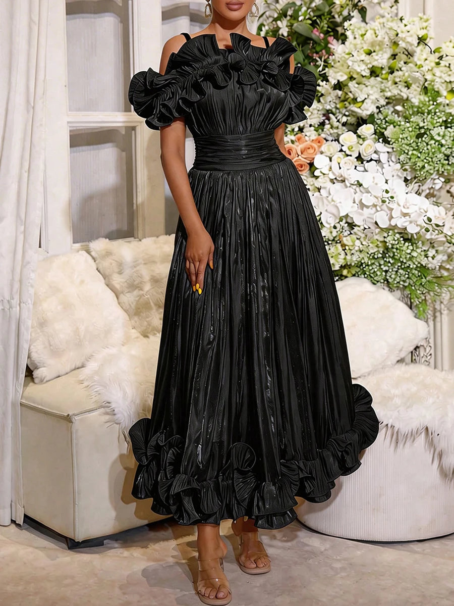 VGH Elegant Off Shoulder Ruffle Midi Maxi Dress for Women Shiny Pleated Waistband Back Zipper for Formal Prom Evening Party Gown