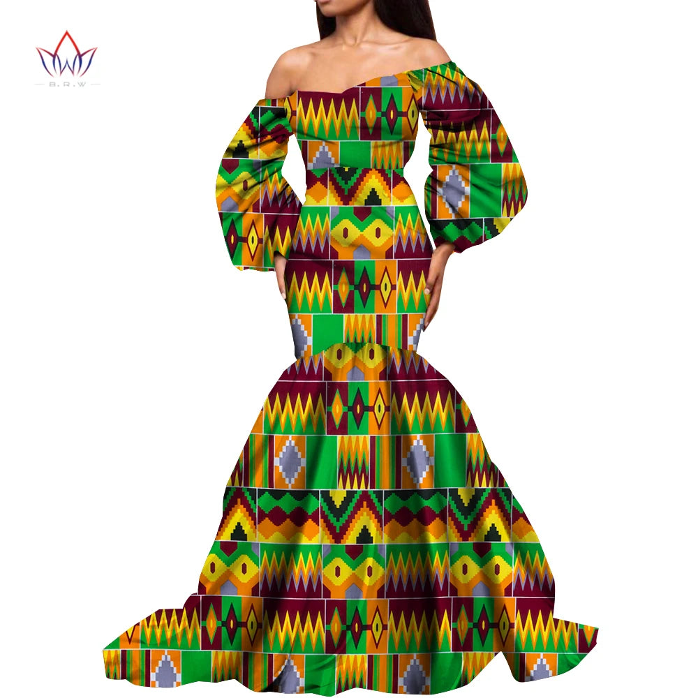 Dashiki African Dresses for Women Daily Party Wedding African Women Dresses Floor-Length Long Puff Sleeve Bandeau Dress Kg1092