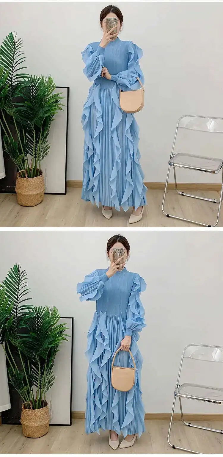 LANMREM Elegant Pleated Dress For Women Stand Collar Puff Sleeves High Stretch Personalized Dresses 2025 Spring New 2Z2817