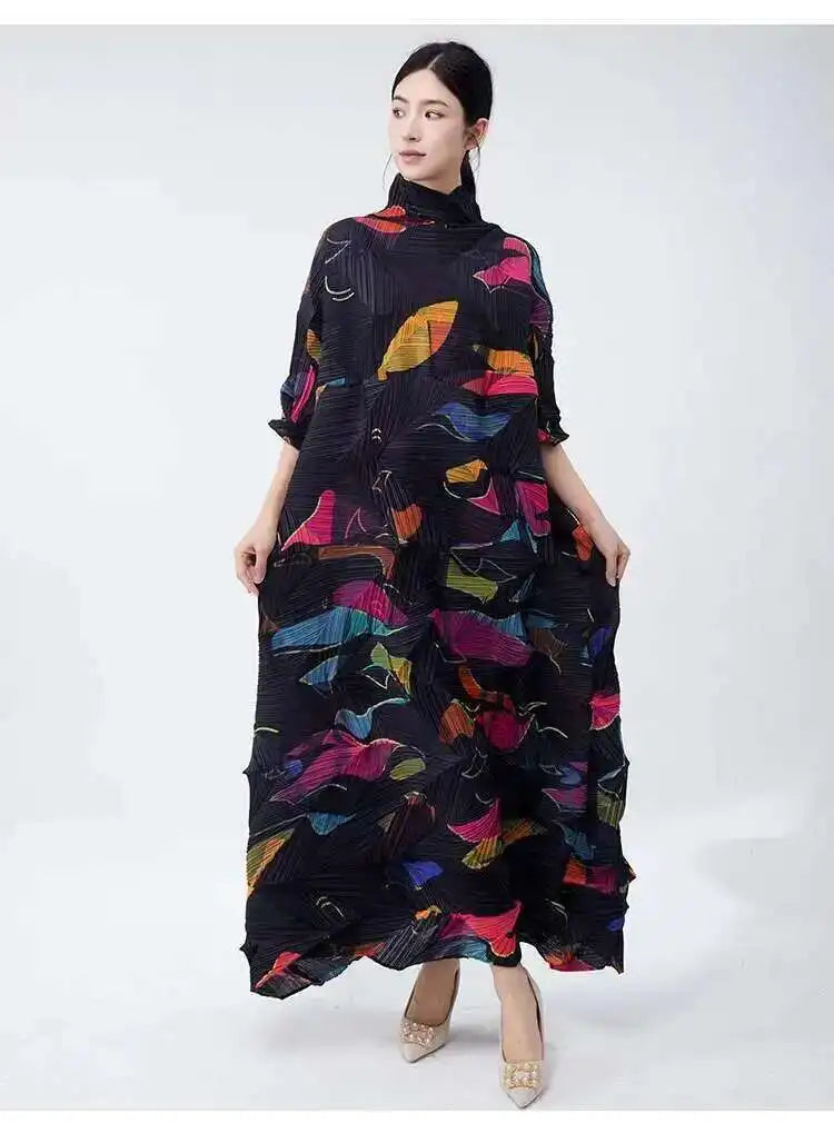 LANMREM Large Size Pleated Dress For Women Turtleneck Printing Loose Dresses Female Casual Clothing 2025 Spring New 2DB2113