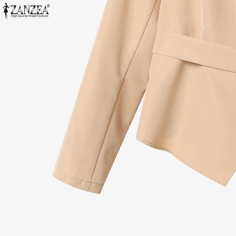 ZANZEA Elegant 2 Pieces Pant Sets Long Sleeve Belted Lightweight Blazer & Wide Leg Pant 2pcs Suits Office Lady Commuting Sets