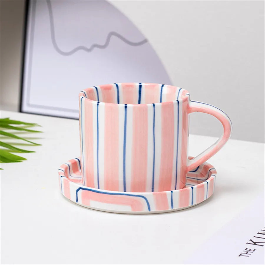 Minimalist Striped Ceramic Cup & Plate Set | 280ml Coffee Tea Cup |
