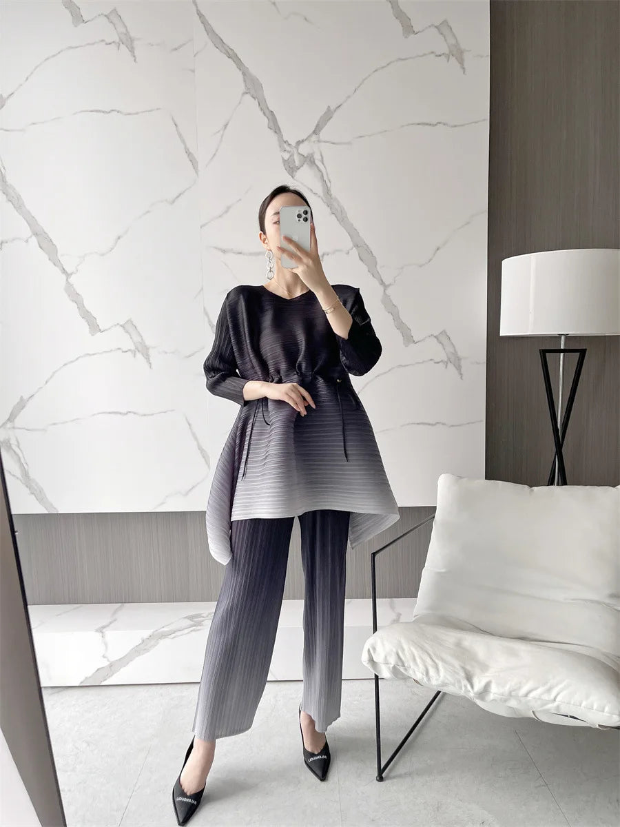EGRM Gradient Pleated Set Drawstring Slim Full Sleeved Top and High Waisted Wide Leg Pants 2 Piece Sets for Women 2023 New 8RM91