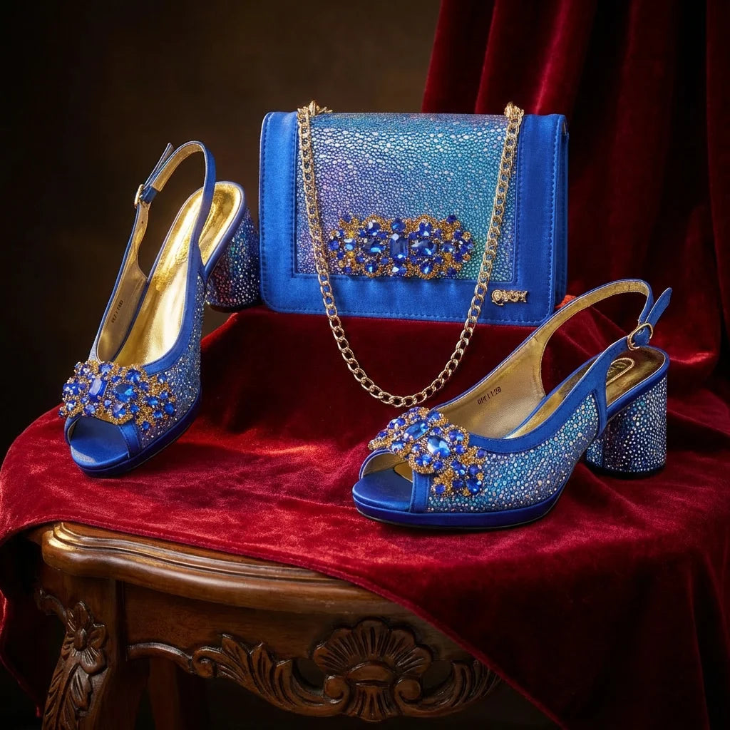 Women's Rhinestone Embellished Heels & Bag Set – Peep Toe Slingback Pumps