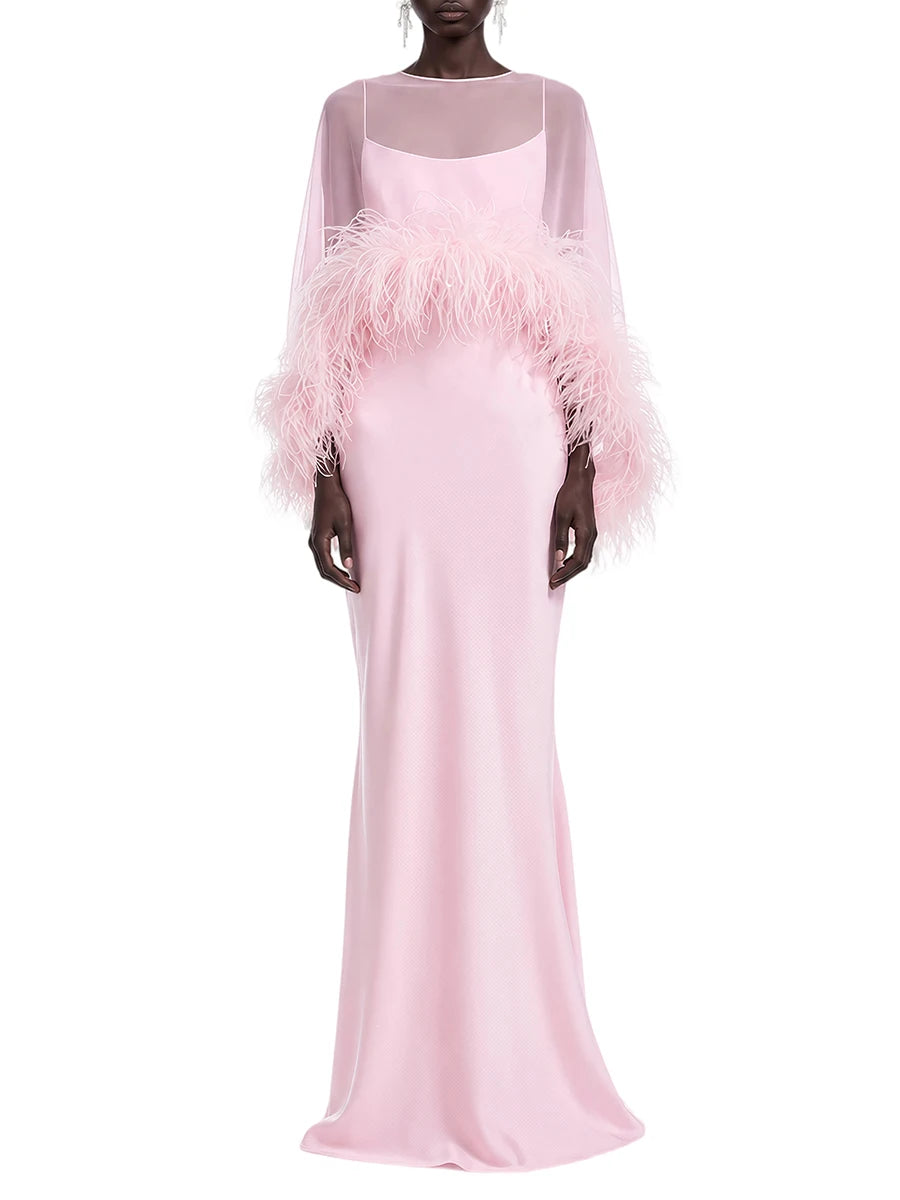 VGH Formal Feather Cape Sleeve Maxi Dress for Women O Neck Spaghetti Strap Floor Length Long Evening Prom Cocktail Party Gown