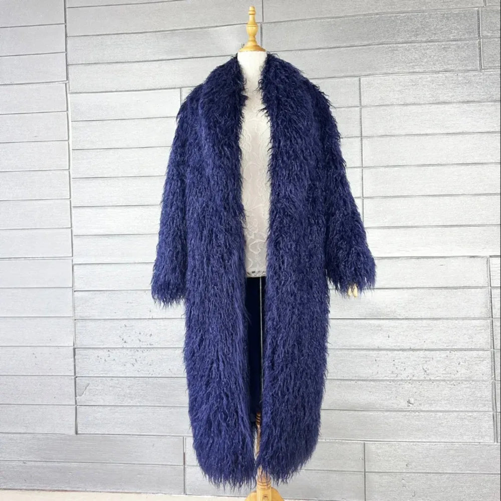 Veste en fausse fourrure femme, manteau long épais et duveteux pour l'hiver, shaggy, ouvert, col rabattu, streetwear