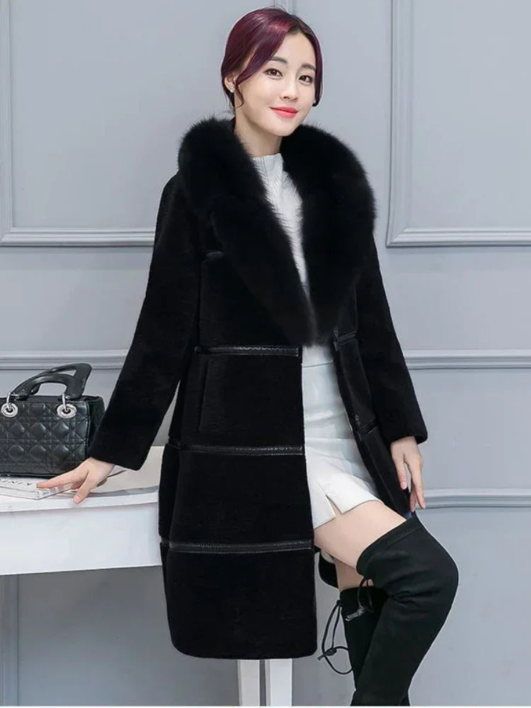 Women’s Long Faux-Fur Coat with V-Neck and Buttons