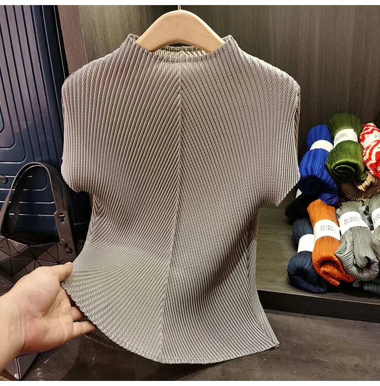 LANMREM Stand Collar Dragon Scale Pleated T-shirt High-end Versatile Slimming Short Sleeved Women's Summer Pullover Tops 2DB3044