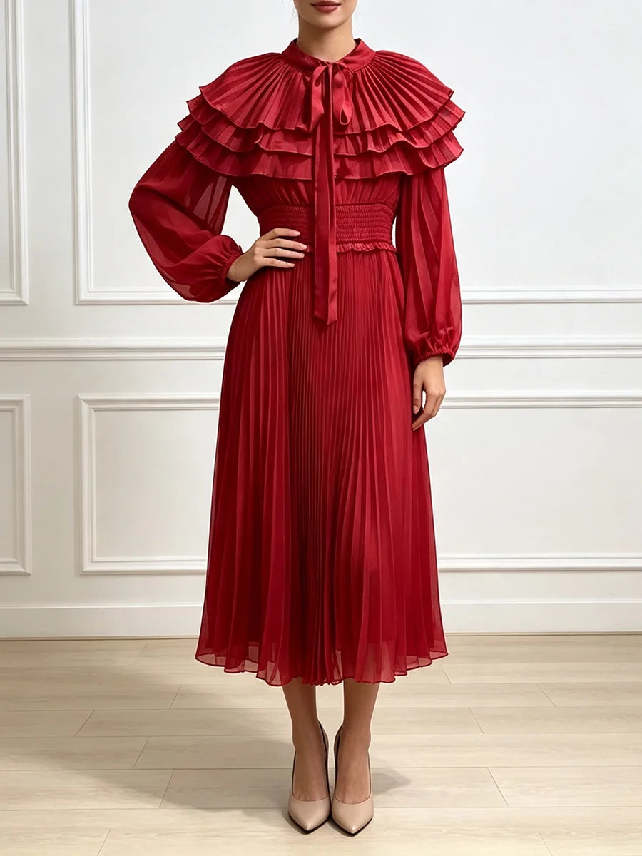 VGH Classy Layer Ruffled Stand Collar Chiffon Maxi Dress for Women Tie Neck Balloon Long Sleeve Smocked Waist Pleated for Party