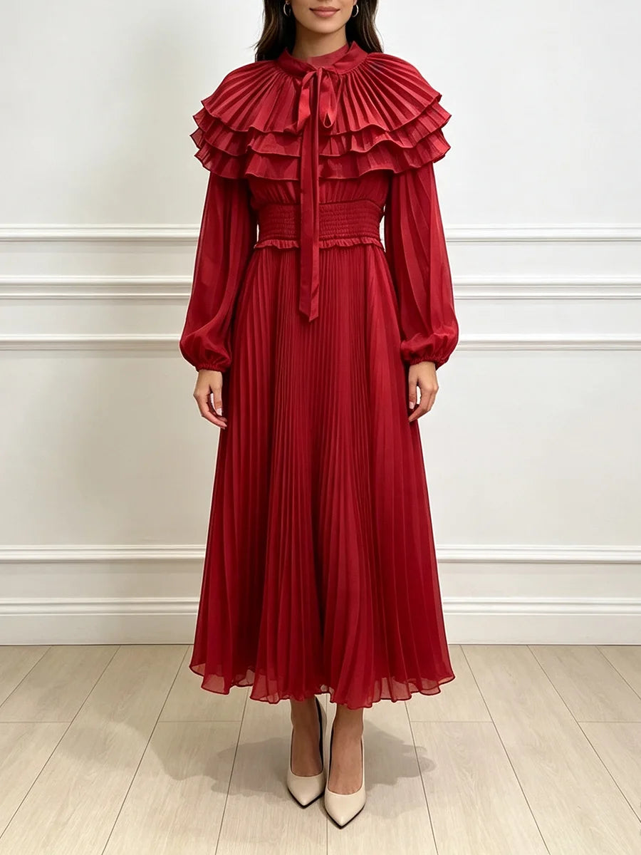 VGH Classy Layer Ruffled Stand Collar Chiffon Maxi Dress for Women Tie Neck Balloon Long Sleeve Smocked Waist Pleated for Party