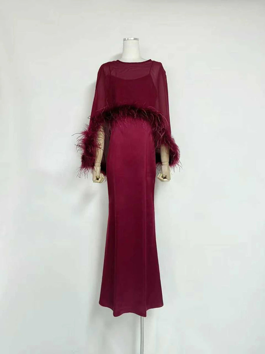 VGH Formal Feather Cape Sleeve Maxi Dress for Women O Neck Spaghetti Strap Floor Length Long Evening Prom Cocktail Party Gown