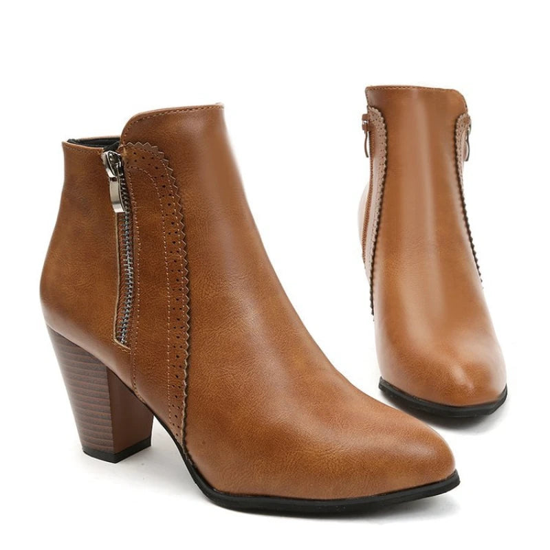 Women’s Retro High-Heel Ankle Boots – Square Heel 5–8cm | Round Toe | Side Zip | Cotton Lining | Non-Slip | CN 35–43 | Black & Brown
