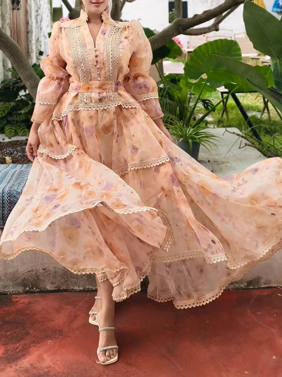 VGH Spring Colorblock Printing Dress for Women Stand Collar Puff Sleeves High Waist Elegant Birthday Party Long Dresses Female