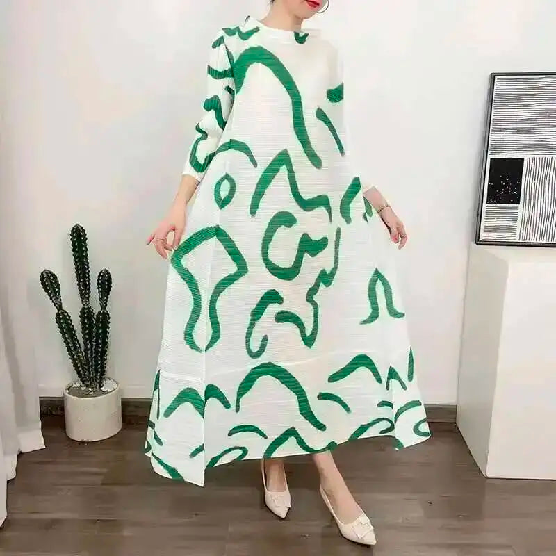 LANMREM Color Block Pleated Dress Women Loose Style Long Length Fashion Dresses Festival Clothes 2024 Spring Summer New 2DA1028