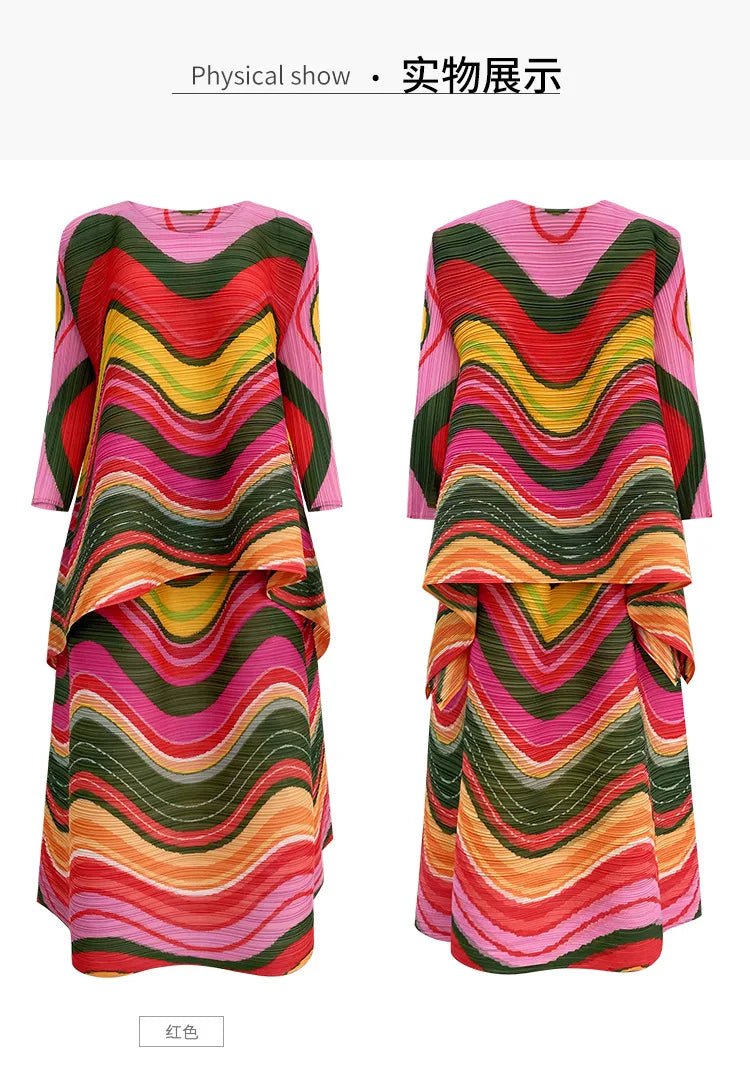 2025 Spring New Women's 2 Piece Set Miyake Pleated Top Fashion Stripe Age Reducing Suit Fashionable Matching Printed Half Skirt