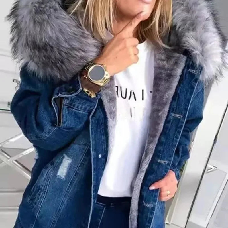 Women's Winter Large Size Denim Warm Jacket