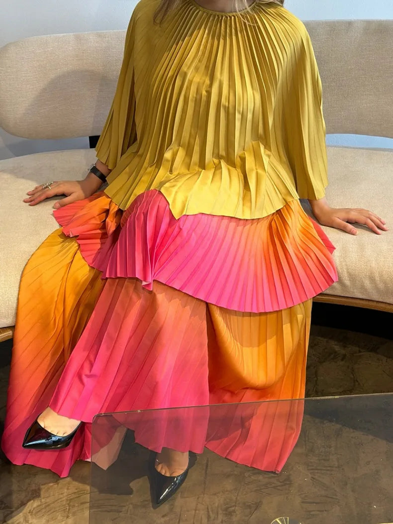 Women's Gradient Pleated Two-Piece Set | Irregular Top & High-Waist A-Line Skirt | Plus Size | AvantBah