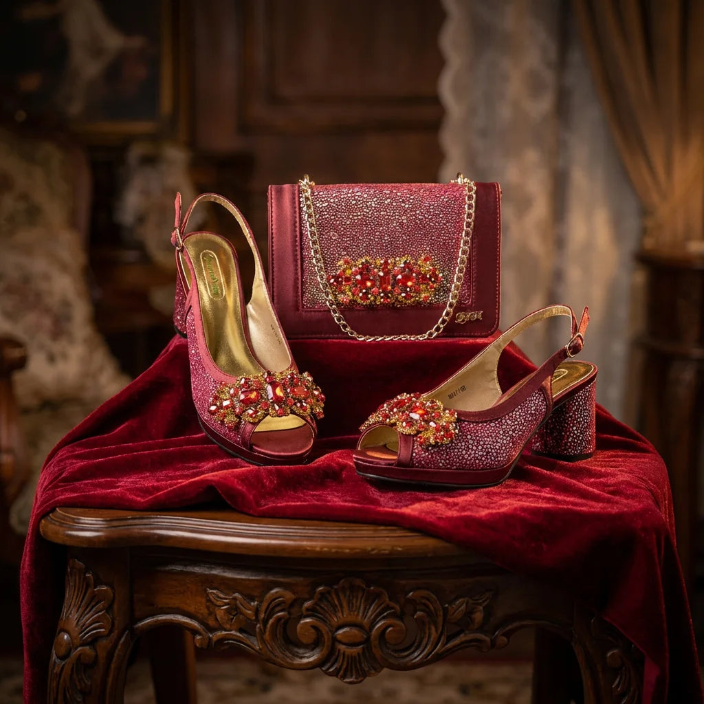 New INS Style Fashion Itlian Design High Heels Shoes  and Bag Set Rhinestone-Embellished Designer Shoes Heel Perfect for Party