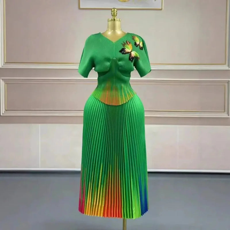 LANMREM Pleated Print Womsn's Two Pieces Set Fashion Loose Batwing Short Sleeve T-shirt And Elastic High Wiast Skirt 2DB5661