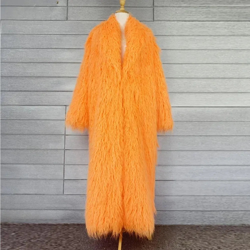 Veste en fausse fourrure femme, manteau long épais et duveteux pour l'hiver, shaggy, ouvert, col rabattu, streetwear