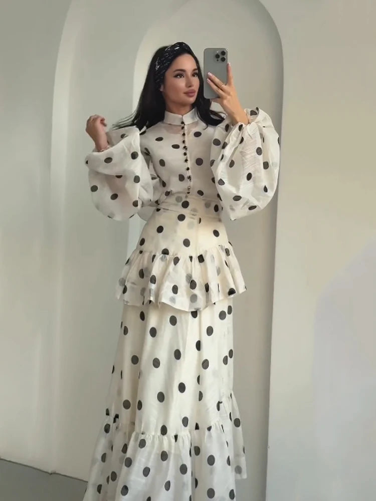 Polka Dot Skirt 2 Piece Set Women Casual High Collar Tie Full Sleeves Elastic High Waist Long Skirt Suit Lady Daily Outfit New