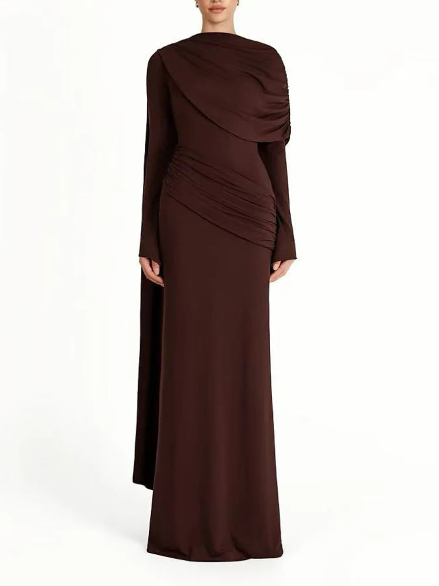 VGH Wedding Guests Green Shawl Mermaid Maxi Dress for Round Neck Flared Long Sleeve Draped Bodycon Skirt for Galas Red Carpet