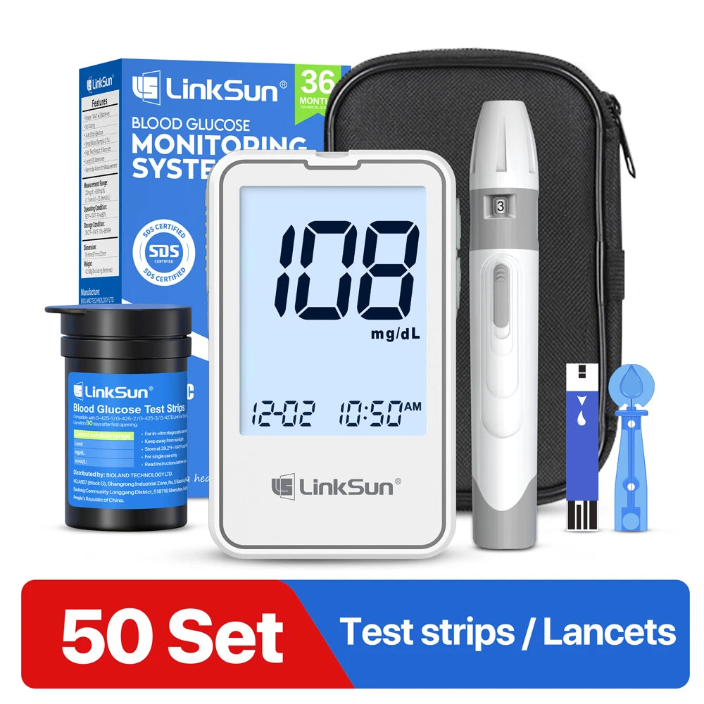 LinkSun G-425-3 Lecteur de glycémie Glucomètre Kit complet médical pour diabète Moniteur de glycémie Bandelettes de test de glucose